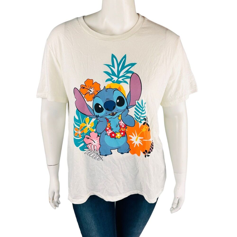 New Disney Womans Sz 1X Lilo & Stitch T Shirt Short‎ Sleeve Ivory Floral NWT